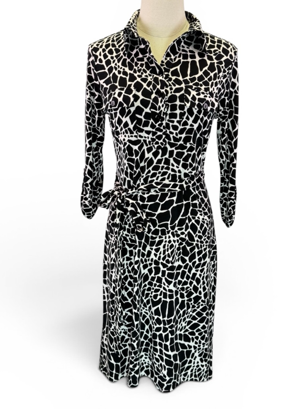 Intermission Women's Black White Giraffe Print Belt Roll Tab Sleeve Dress Size 6